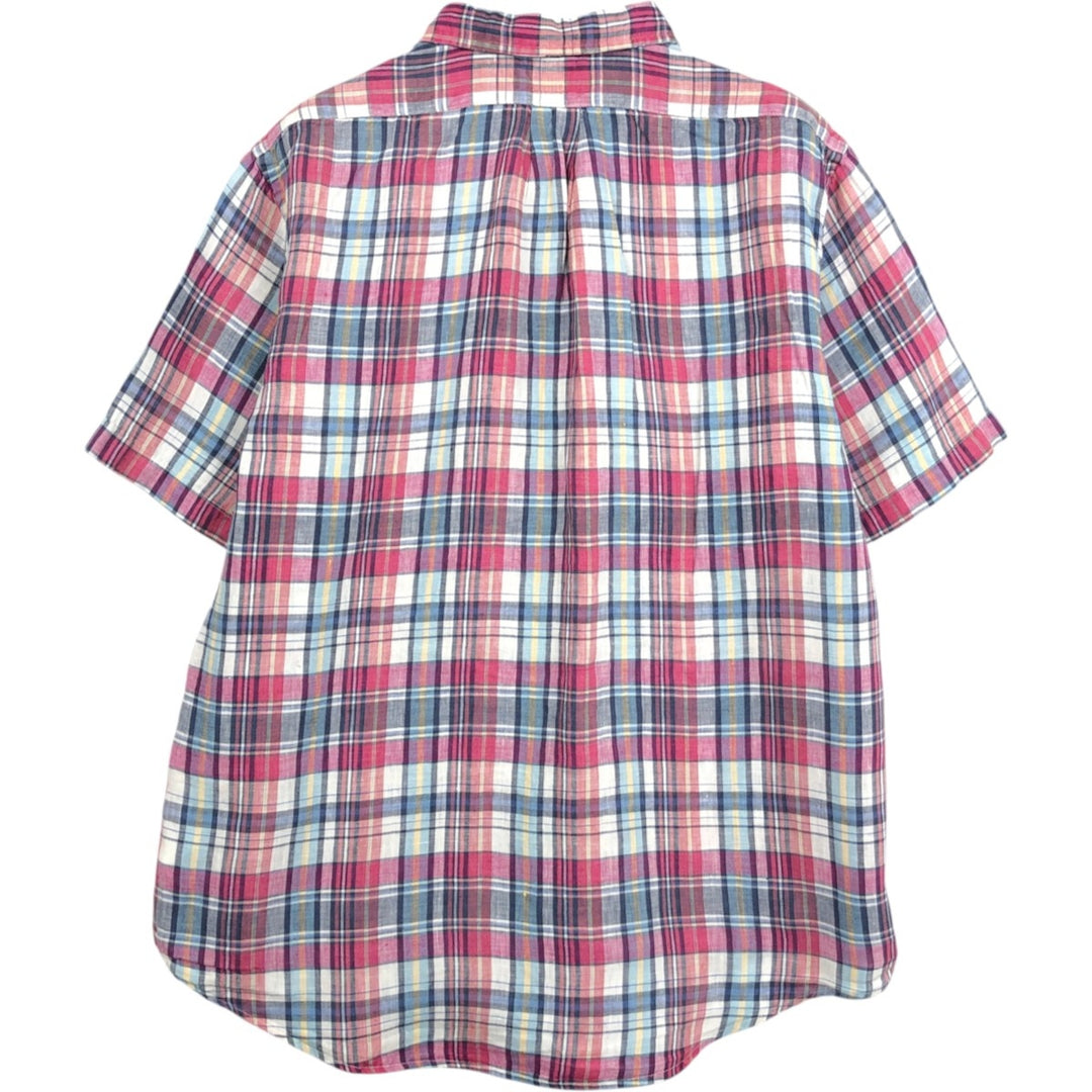 Brooks Brothers Est.1818 Check Pattern Short-Sleeve Linen Button-Down Shirt, Men's Size L (approx.) linen red type Vintage Second Hand