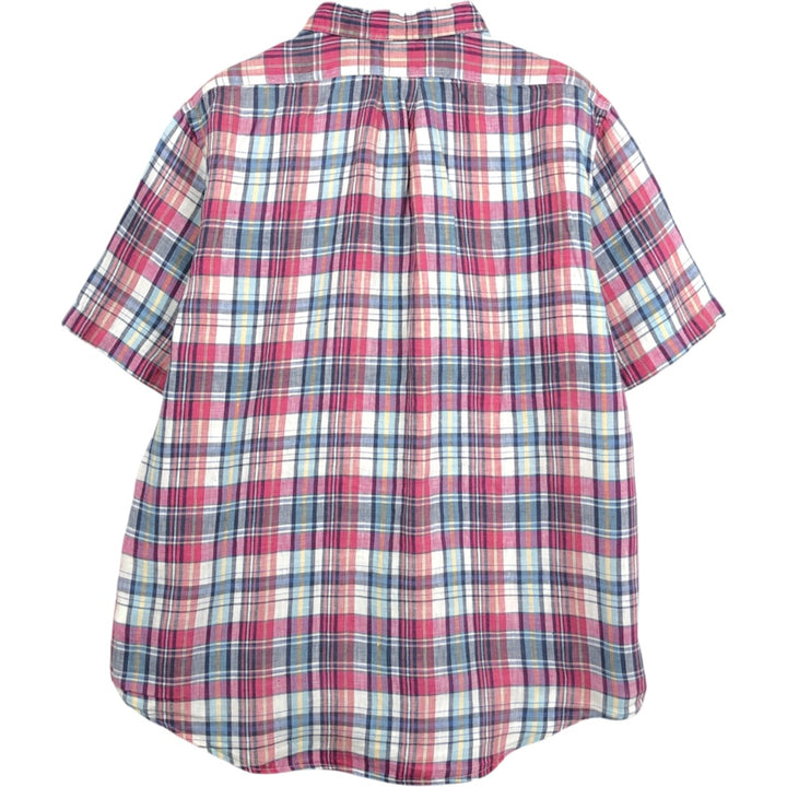 Brooks Brothers Est.1818 Check Pattern Short-Sleeve Linen Button-Down Shirt, Men's Size L (approx.) linen red type Vintage Second Hand