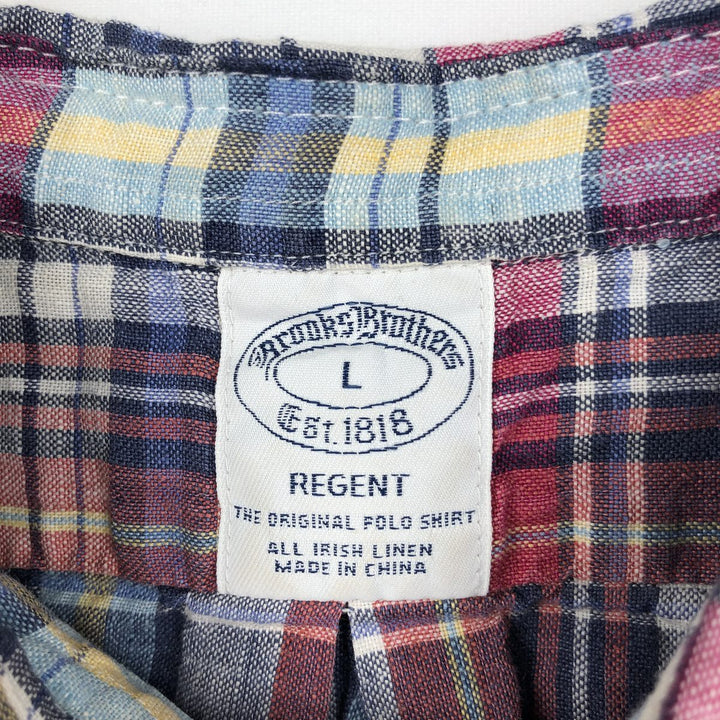 Brooks Brothers Est.1818 Check Pattern Short-Sleeve Linen Button-Down Shirt, Men's Size L (approx.) linen red type Vintage Second Hand