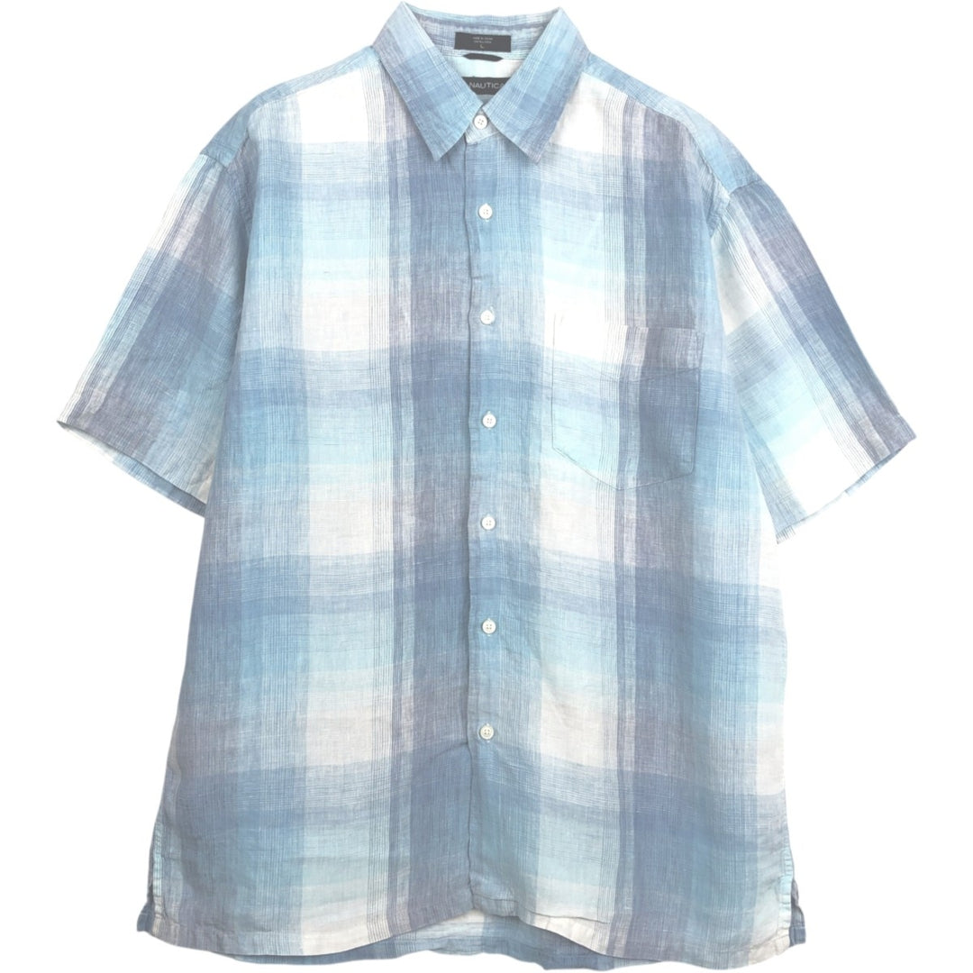 Nautica Check Pattern Ombre Check Short-Sleeve Linen Shirt (Men's Size L) linen Blue type light blue Vintage Second Hand