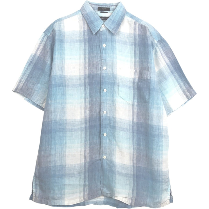 Nautica Check Pattern Ombre Check Short-Sleeve Linen Shirt (Men's Size L) linen Blue type light blue Vintage Second Hand
