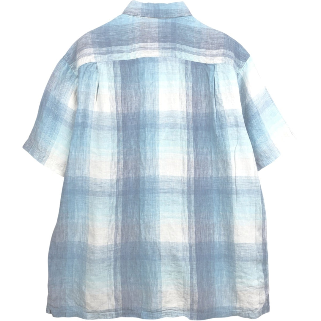 Nautica Check Pattern Ombre Check Short-Sleeve Linen Shirt (Men's Size L) linen Blue type light blue Vintage Second Hand