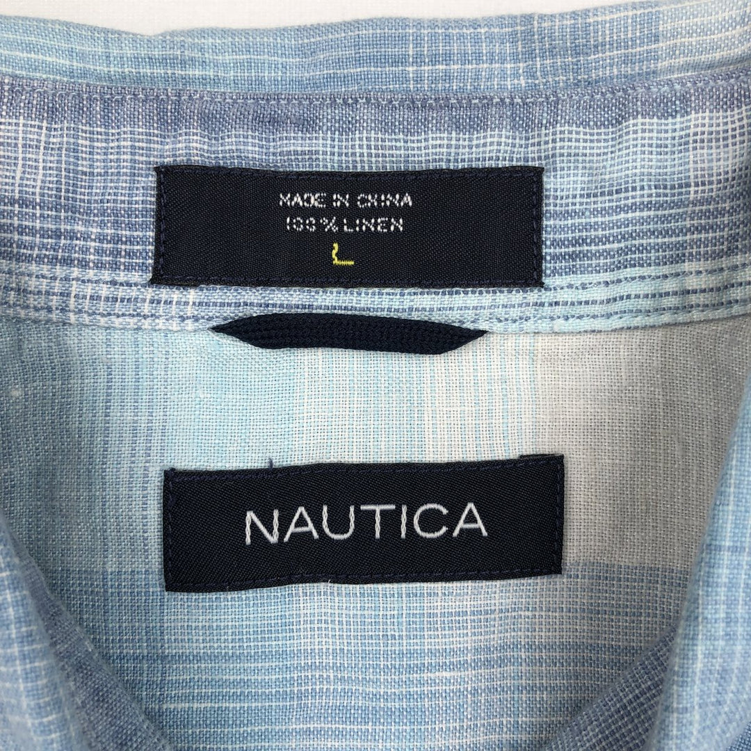 Nautica Check Pattern Ombre Check Short-Sleeve Linen Shirt (Men's Size L) linen Blue type light blue Vintage Second Hand