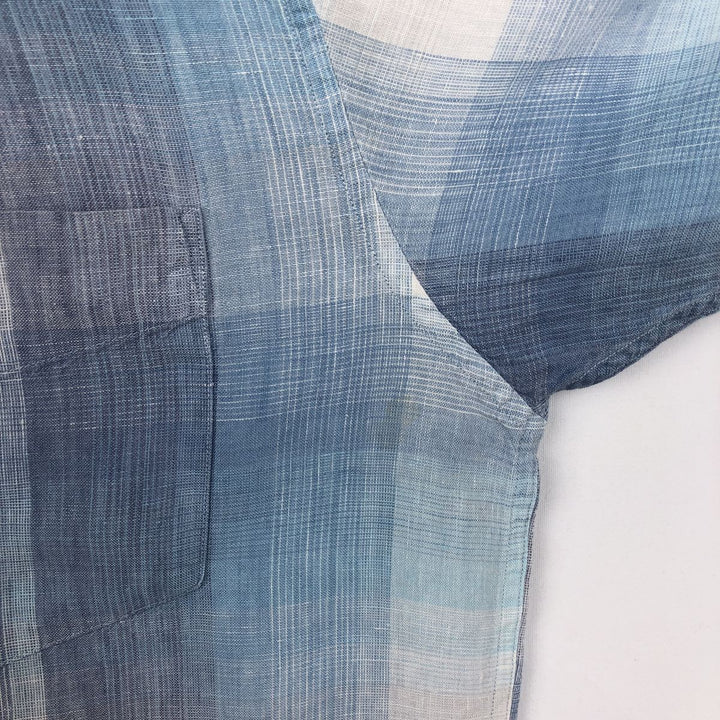 Nautica Check Pattern Ombre Check Short-Sleeve Linen Shirt (Men's Size L) linen Blue type light blue Vintage Second Hand