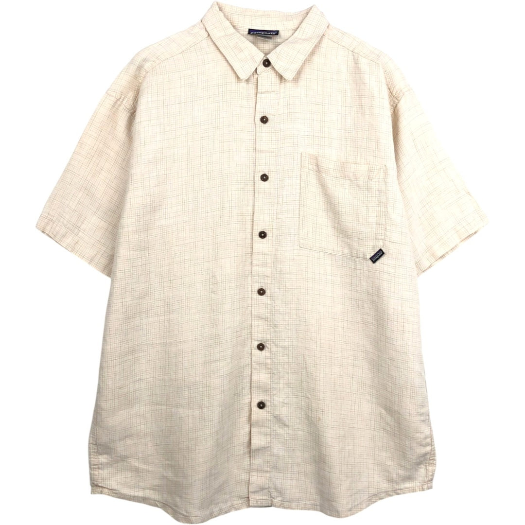 2000'S Patagonia 53141S7 Check Pattern Short-Sleeve Hemp Shirt, Boxy Shirt, Men's Size XL (approx.) Hemp unbleached Vintage Second Hand