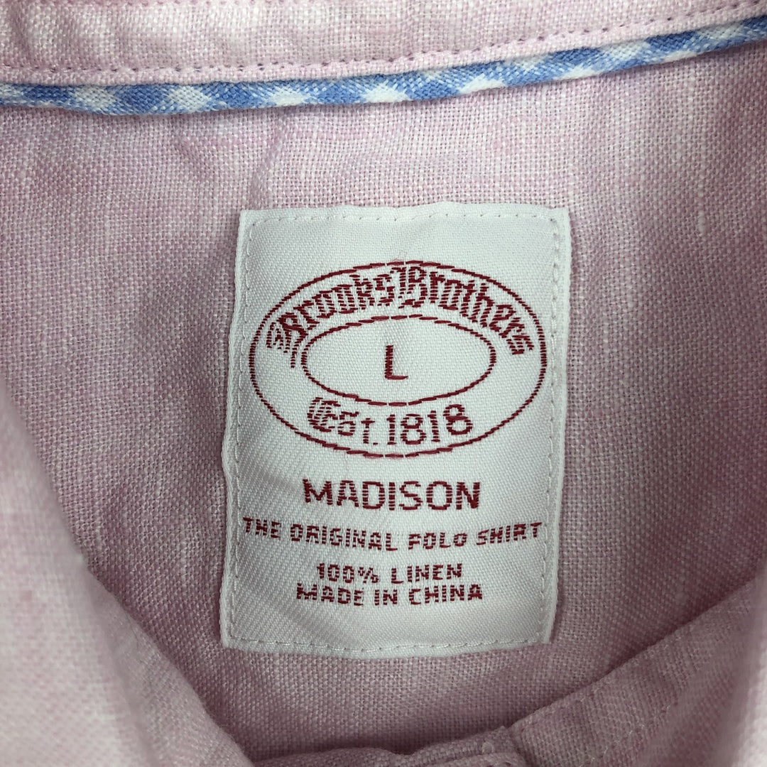 Brooks Brothers Est.1818 MADISON Short-Sleeve Linen Button-Down Shirt, Men's Size L (approx.) linen pink type Vintage Second Hand