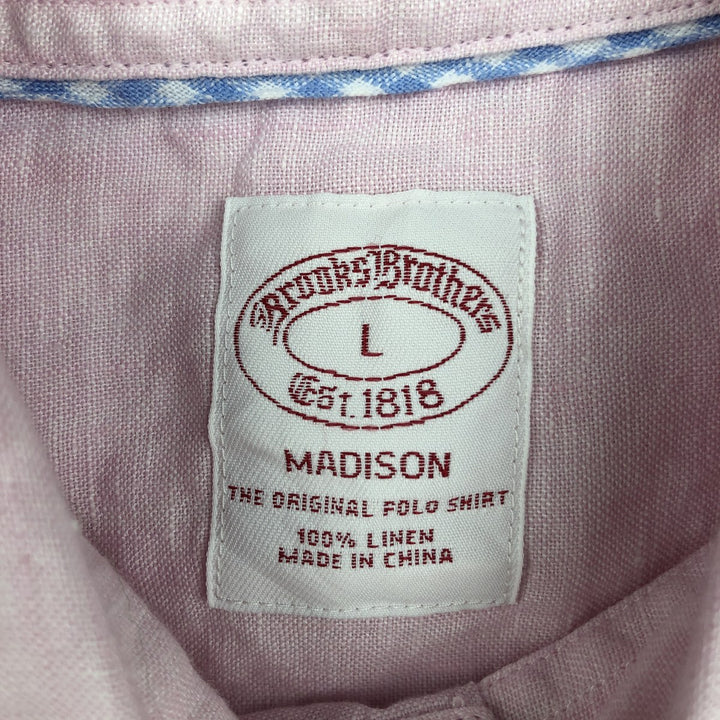 Brooks Brothers Est.1818 MADISON Short-Sleeve Linen Button-Down Shirt, Men's Size L (approx.) linen pink type Vintage Second Hand