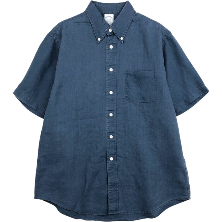 Brooks Brothers REGENT Short-Sleeve Linen Button-Down Shirt, Men's Size L (approx.) linen navy blue type Vintage Second Hand