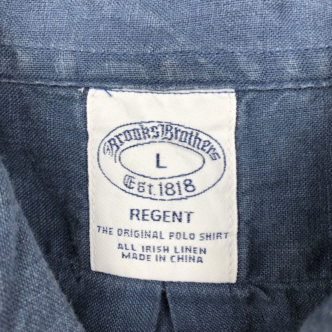 Brooks Brothers REGENT Short-Sleeve Linen Button-Down Shirt, Men's Size L (approx.) linen navy blue type Vintage Second Hand