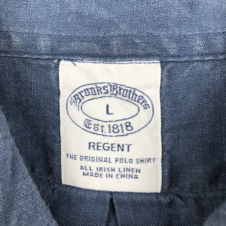 Brooks Brothers REGENT Short-Sleeve Linen Button-Down Shirt, Men's Size L (approx.) linen navy blue type Vintage Second Hand