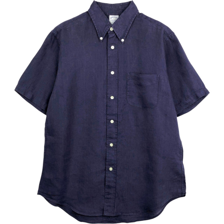 Brooks Brothers Est.1818 short sleeve linen button-down shirt, men's size L linen navy blue type Vintage Second Hand