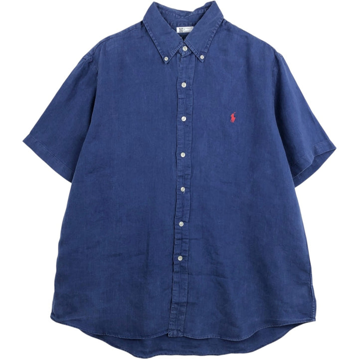 Ralph Lauren short sleeve linen button down shirt, men's size XL linen navy blue type Vintage Second Hand