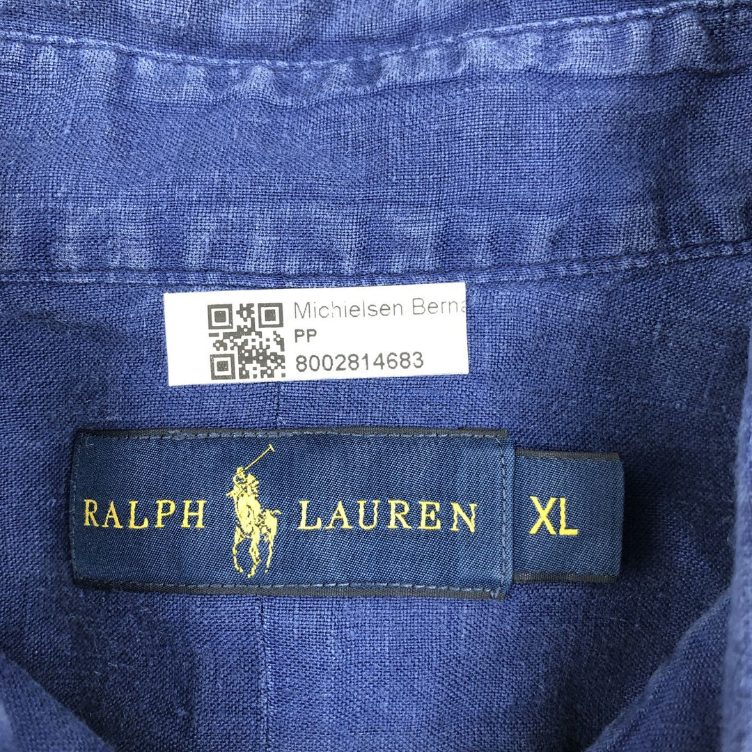 Ralph Lauren short sleeve linen button down shirt, men's size XL linen navy blue type Vintage Second Hand