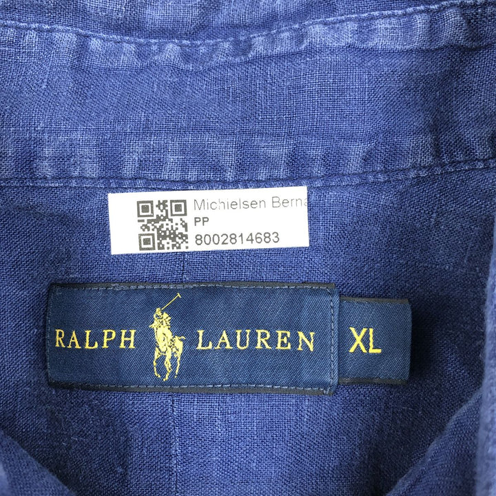 Ralph Lauren short sleeve linen button down shirt, men's size XL linen navy blue type Vintage Second Hand