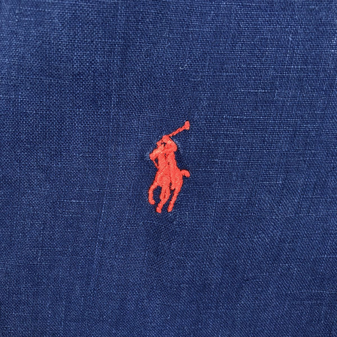 Ralph Lauren short sleeve linen button down shirt, men's size XL linen navy blue type Vintage Second Hand