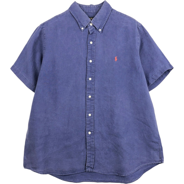 Ralph Lauren POLO RALPH LAUREN Short-Sleeve Linen Button-Down Shirt, Men's Size XL (approx.) linen navy blue type Vintage Second Hand