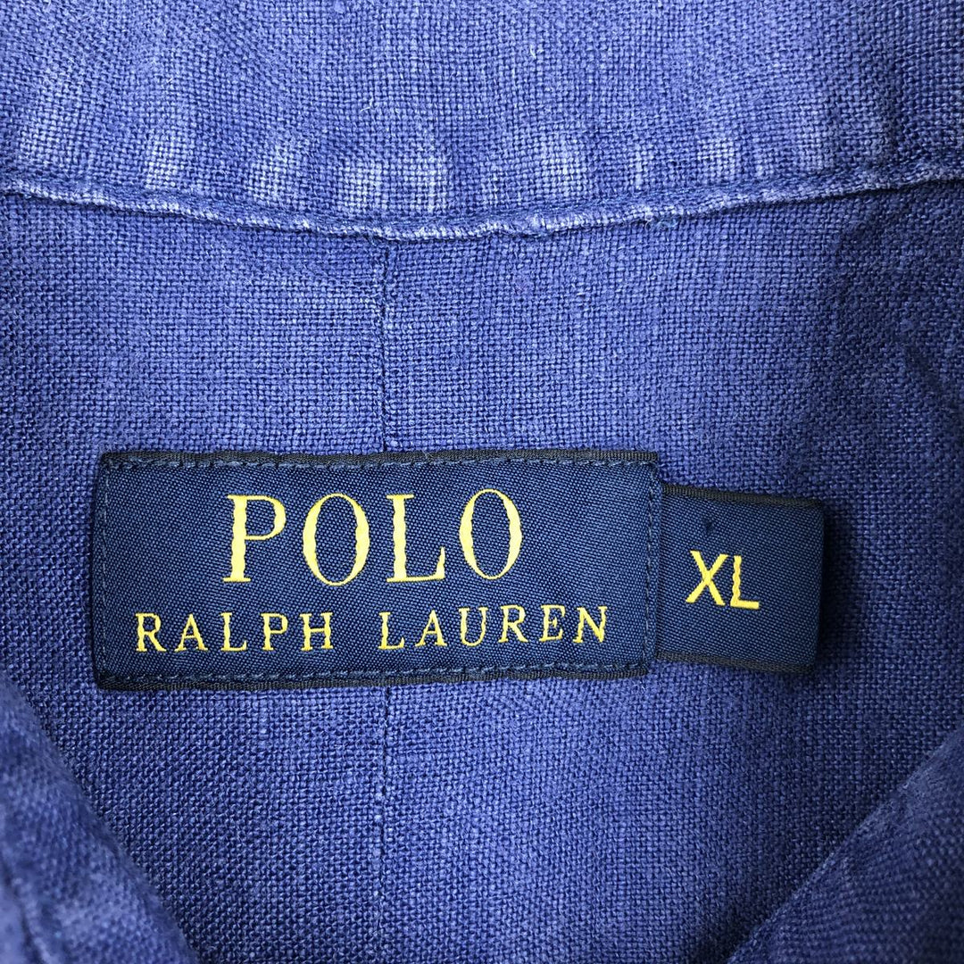 Ralph Lauren POLO RALPH LAUREN Short-Sleeve Linen Button-Down Shirt, Men's Size XL (approx.) linen navy blue type Vintage Second Hand