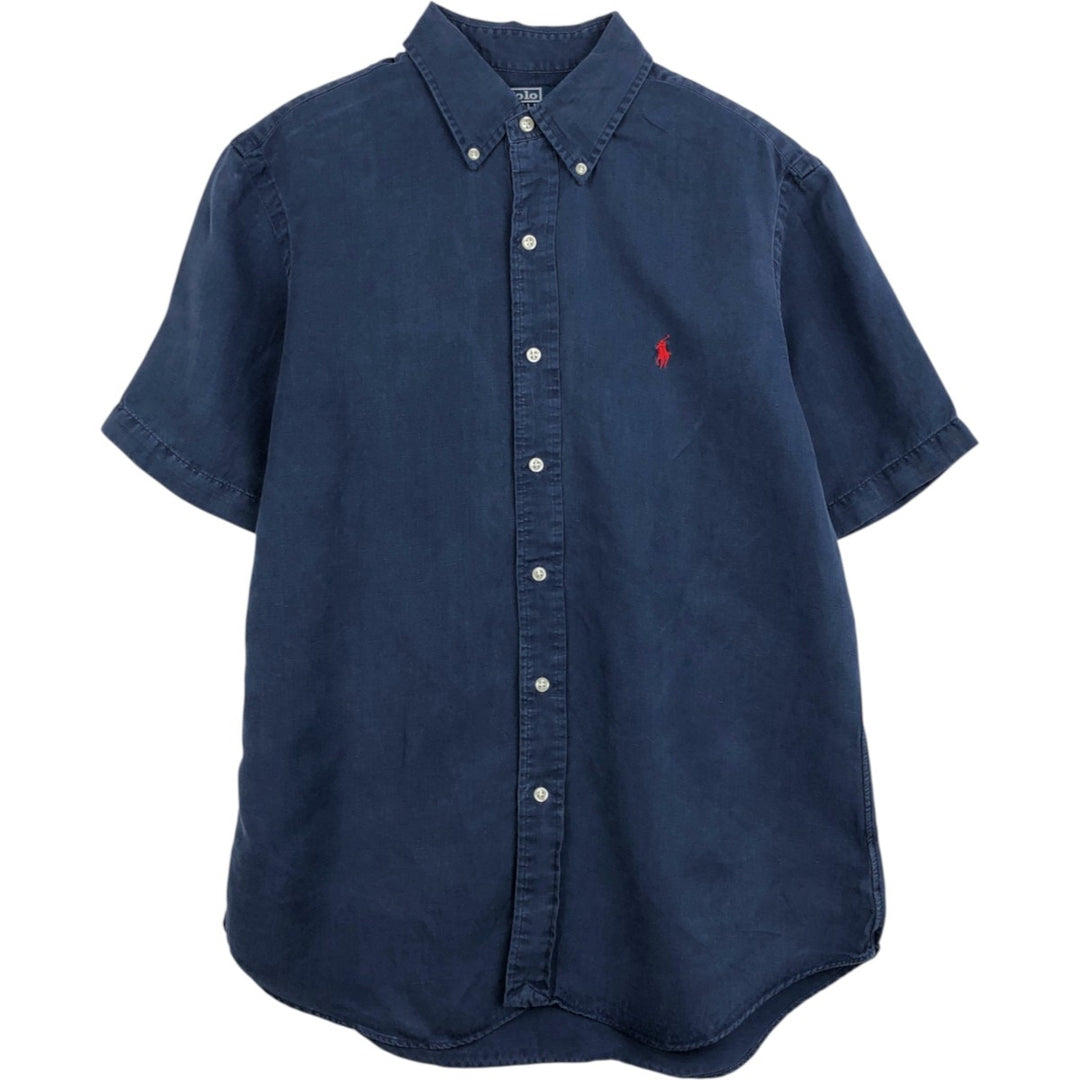 Ralph Lauren POLO by Ralph Lauren CUSTOM FIT short-sleeved linen button-down shirt, men's size L linen navy blue type Vintage Second Hand