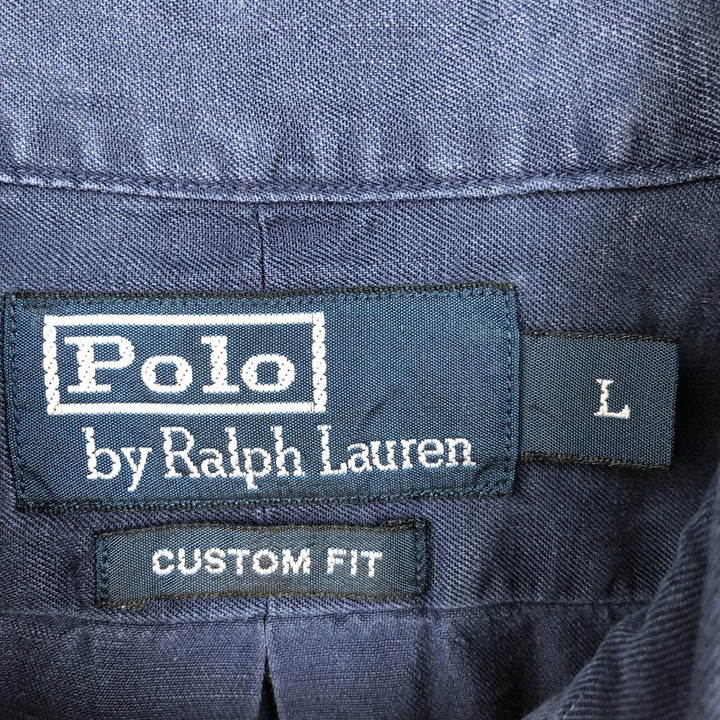 Ralph Lauren POLO by Ralph Lauren CUSTOM FIT short-sleeved linen button-down shirt, men's size L linen navy blue type Vintage Second Hand