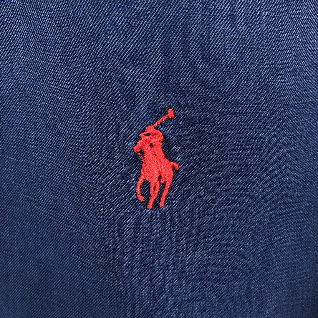 Ralph Lauren POLO by Ralph Lauren CUSTOM FIT short-sleeved linen button-down shirt, men's size L linen navy blue type Vintage Second Hand