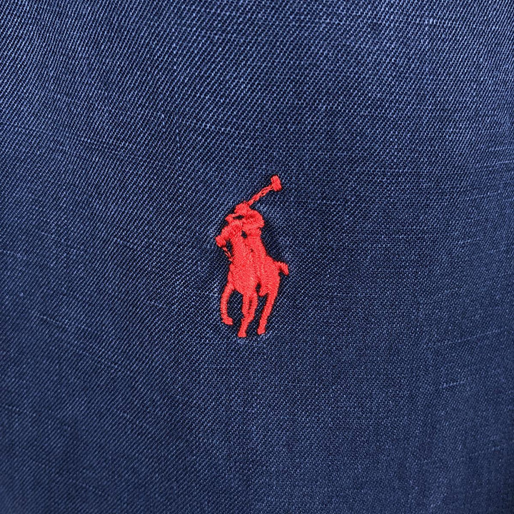 Ralph Lauren POLO by Ralph Lauren CUSTOM FIT short-sleeved linen button-down shirt, men's size L linen navy blue type Vintage Second Hand