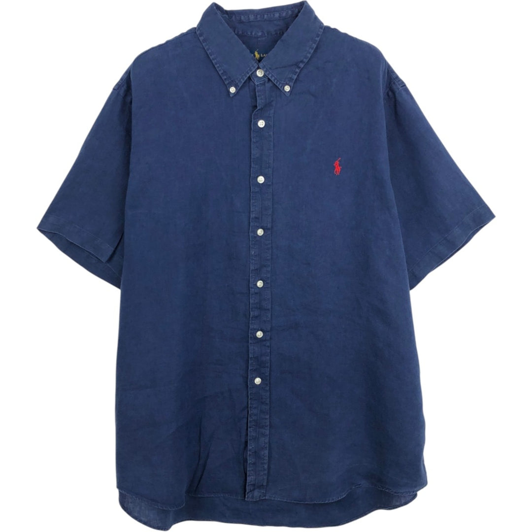 Ralph Lauren short sleeve linen button down shirt, men's size XL unclear navy blue type Vintage Second Hand
