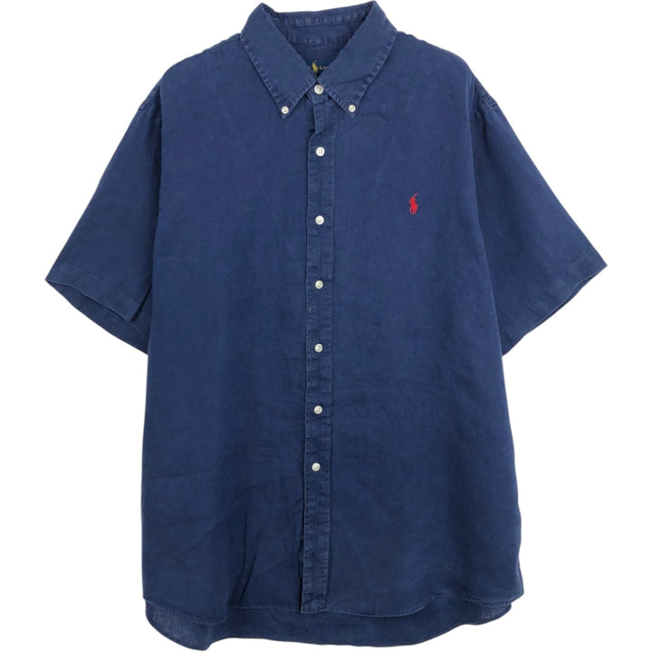 Ralph Lauren short sleeve linen button down shirt, men's size XL unclear navy blue type Vintage Second Hand