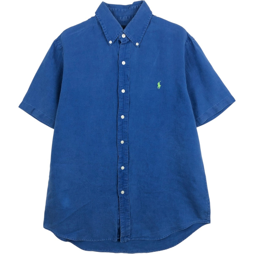 Ralph Lauren short sleeve linen button down shirt, men's size M linen blue type Vintage Second Hand