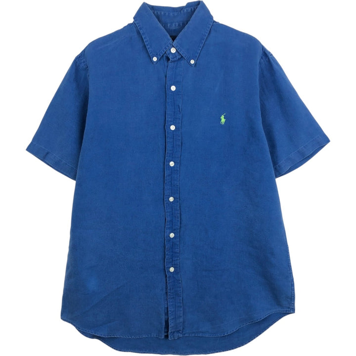 Ralph Lauren short sleeve linen button down shirt, men's size M linen blue type Vintage Second Hand