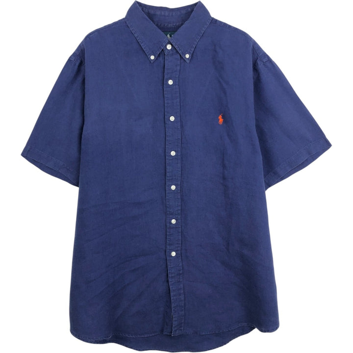 Ralph Lauren short sleeve linen button down shirt, men's size XL linen navy blue type Vintage Second Hand