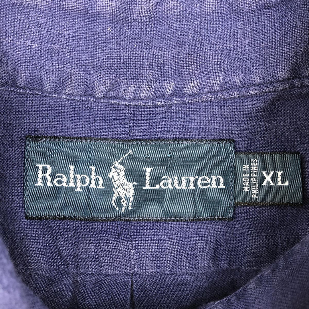 Ralph Lauren short sleeve linen button down shirt, men's size XL linen navy blue type Vintage Second Hand