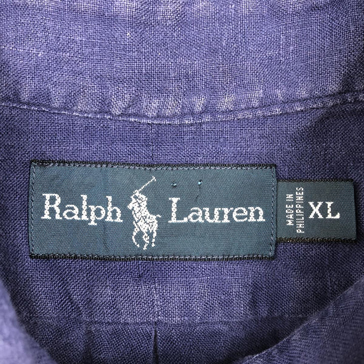 Ralph Lauren short sleeve linen button down shirt, men's size XL linen navy blue type Vintage Second Hand