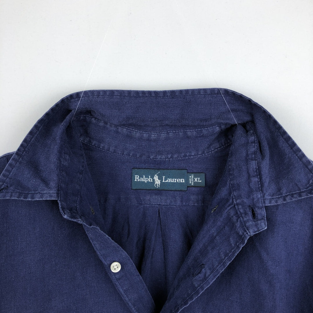 Ralph Lauren short sleeve linen button down shirt, men's size XL linen navy blue type Vintage Second Hand