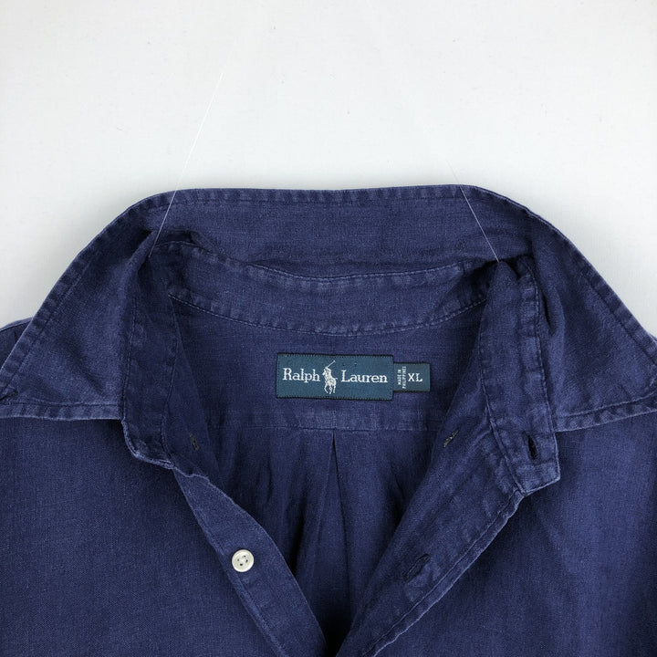 Ralph Lauren short sleeve linen button down shirt, men's size XL linen navy blue type Vintage Second Hand