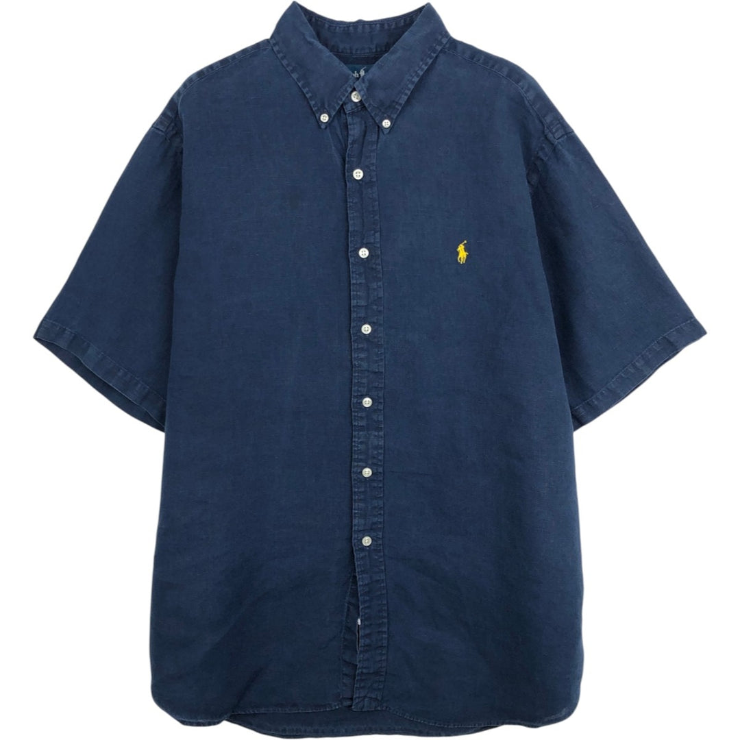 Ralph Lauren Classic Fit Short Sleeve Linen Button Down Shirt Men's XL linen navy blue type Vintage Second Hand
