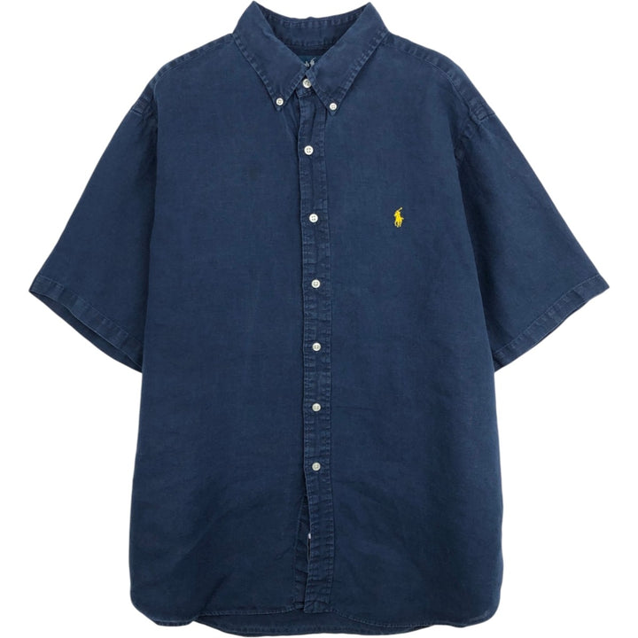 Ralph Lauren Classic Fit Short Sleeve Linen Button Down Shirt Men's XL linen navy blue type Vintage Second Hand