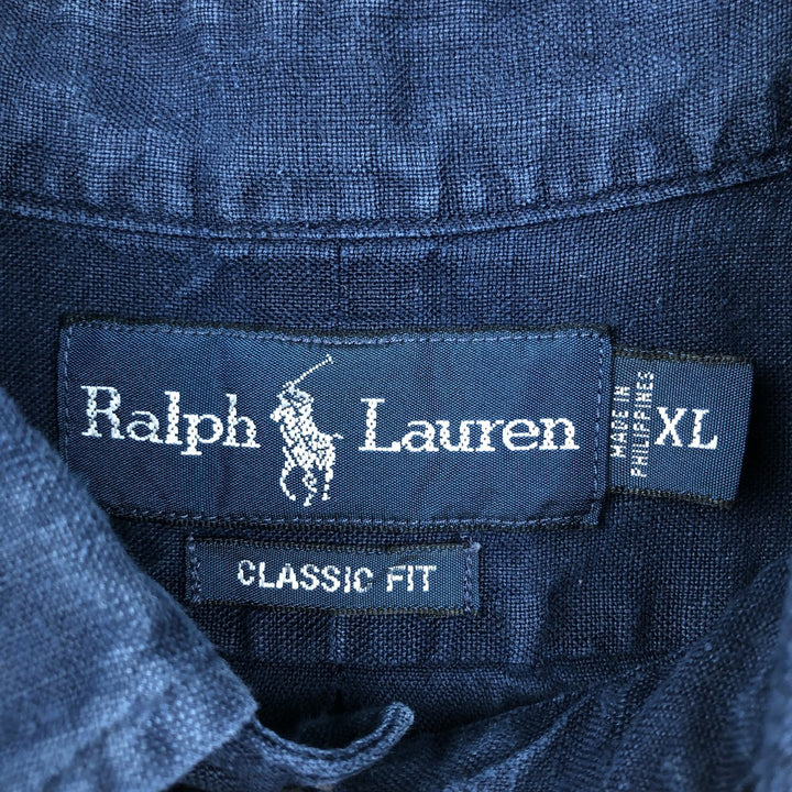 Ralph Lauren Classic Fit Short Sleeve Linen Button Down Shirt Men's XL linen navy blue type Vintage Second Hand