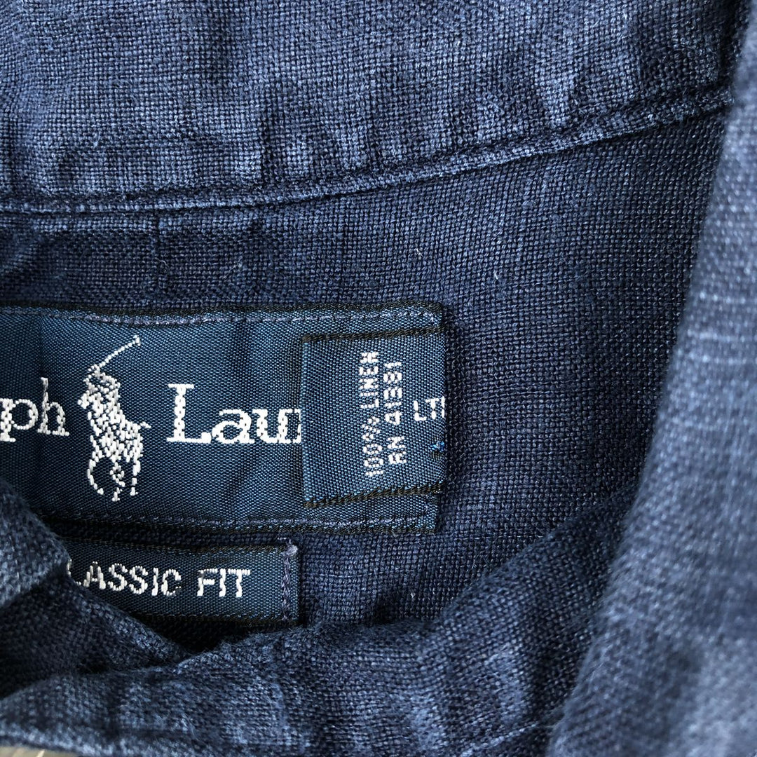 Ralph Lauren Classic Fit Short Sleeve Linen Button Down Shirt Men's XL linen navy blue type Vintage Second Hand