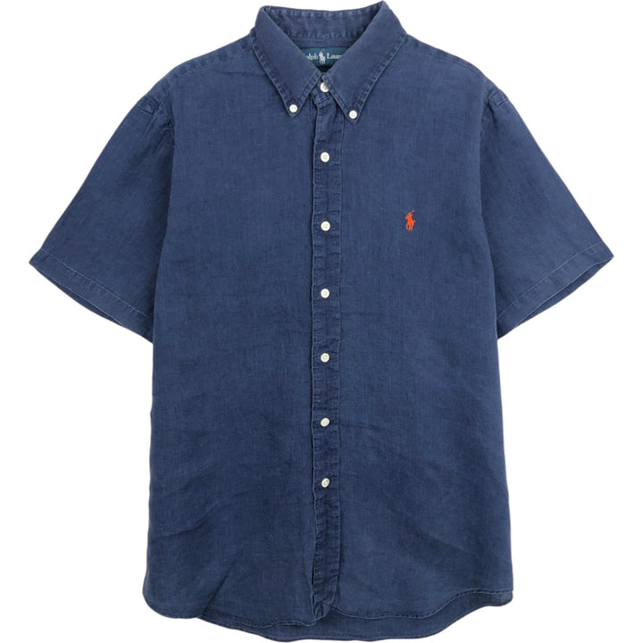 Ralph Lauren Custom Fit Short Sleeve Linen Button-Down Shirt, Men's Size L linen navy blue type Vintage Second Hand