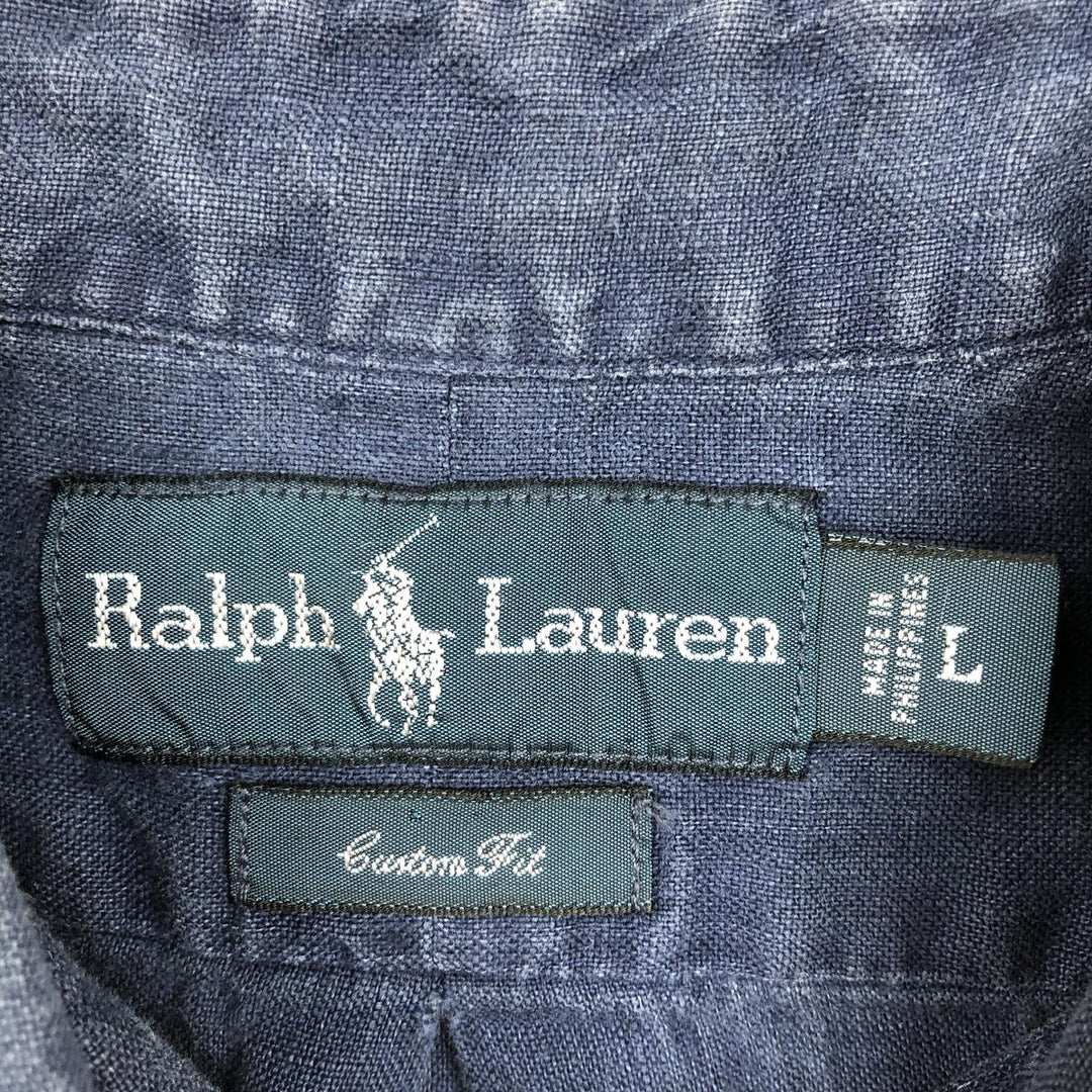 Ralph Lauren Custom Fit Short Sleeve Linen Button-Down Shirt, Men's Size L linen navy blue type Vintage Second Hand