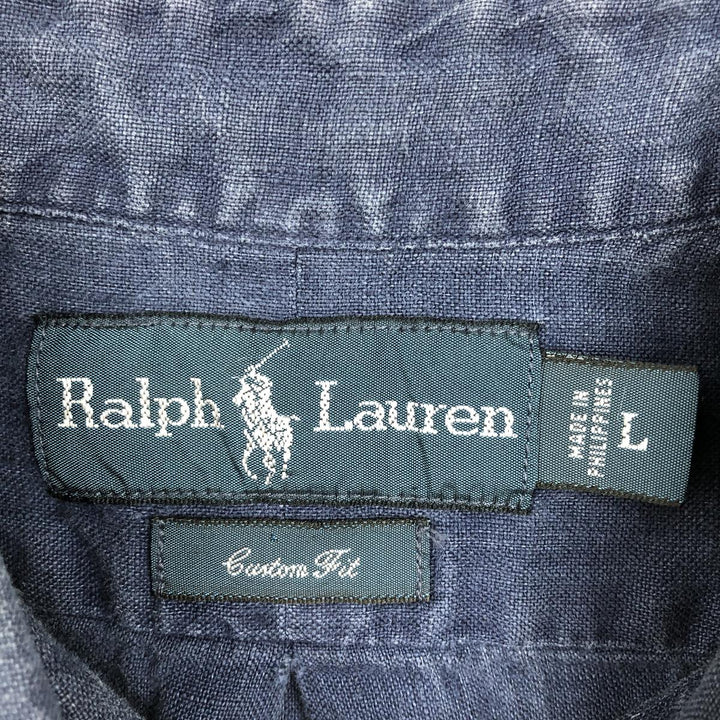 Ralph Lauren Custom Fit Short Sleeve Linen Button-Down Shirt, Men's Size L linen navy blue type Vintage Second Hand