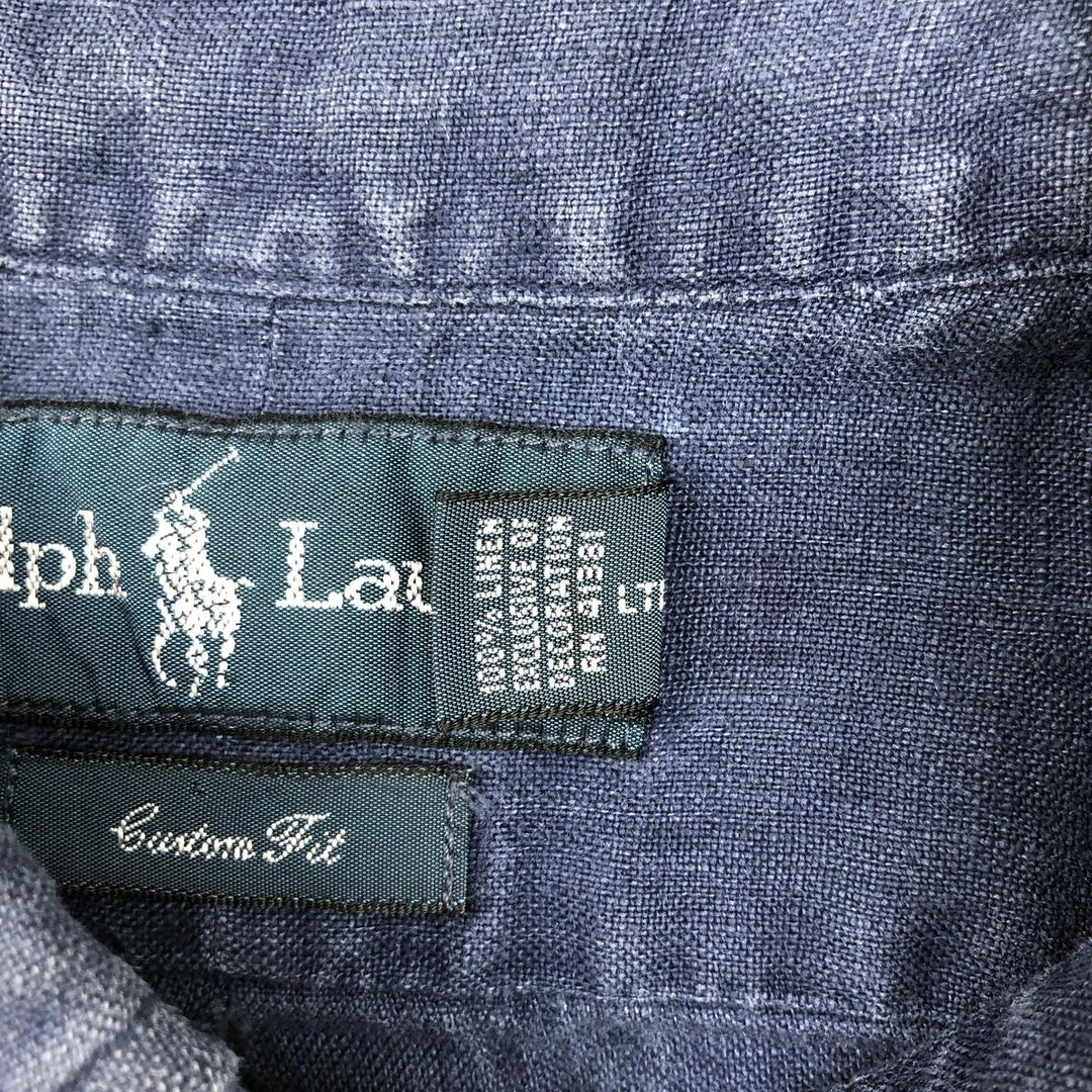Ralph Lauren Custom Fit Short Sleeve Linen Button-Down Shirt, Men's Size L linen navy blue type Vintage Second Hand