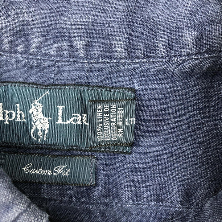 Ralph Lauren Custom Fit Short Sleeve Linen Button-Down Shirt, Men's Size L linen navy blue type Vintage Second Hand