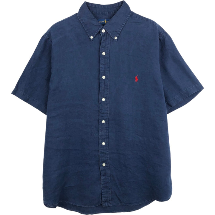 Ralph Lauren Classic Fit Short Sleeve Linen Button Down Shirt Men's Size L linen navy blue type Vintage Second Hand