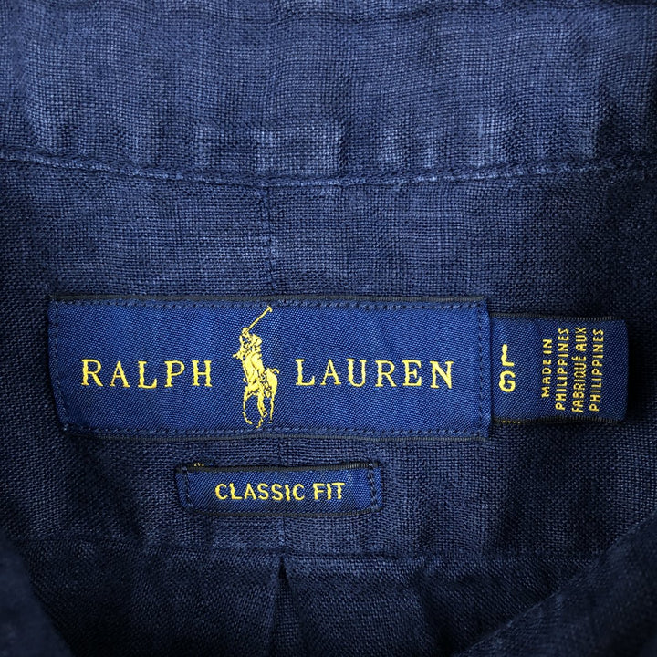 Ralph Lauren Classic Fit Short Sleeve Linen Button Down Shirt Men's Size L linen navy blue type Vintage Second Hand