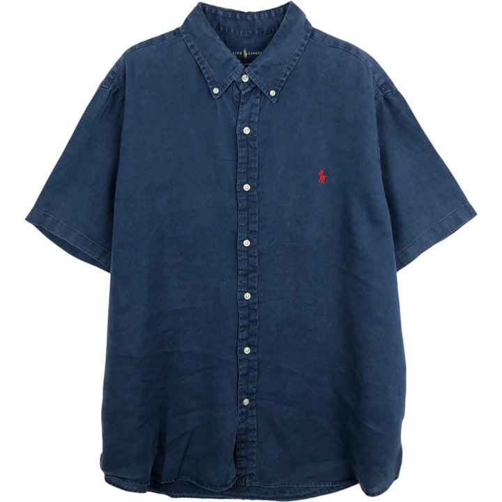 Ralph Lauren POLO RALPH LAUREN CLASSIC FIT Short-Sleeve Linen Button-Down Shirt, Men's Size XXL (approx.) unclear navy blue type Vintage Second Hand
