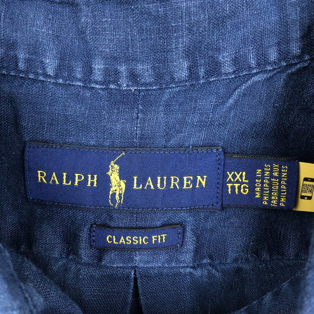 Ralph Lauren POLO RALPH LAUREN CLASSIC FIT Short-Sleeve Linen Button-Down Shirt, Men's Size XXL (approx.) unclear navy blue type Vintage Second Hand
