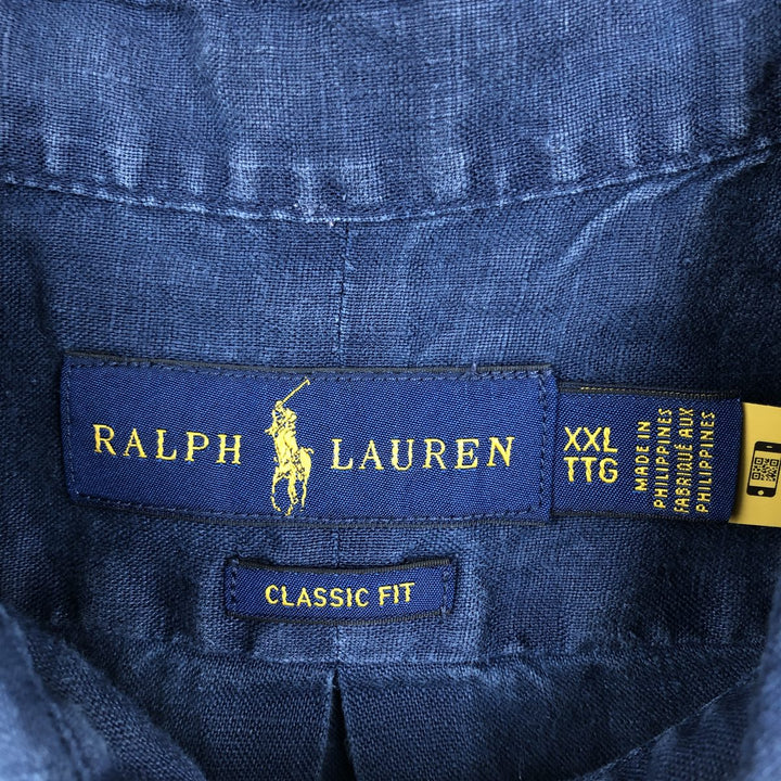 Ralph Lauren POLO RALPH LAUREN CLASSIC FIT Short-Sleeve Linen Button-Down Shirt, Men's Size XXL (approx.) unclear navy blue type Vintage Second Hand