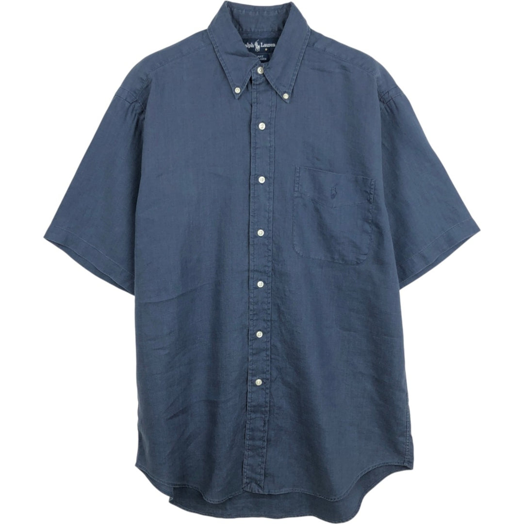 Ralph Lauren BLAKE Short-Sleeve Linen Button-Down Shirt, Men's Size S (approx.) linen navy blue type Vintage Second Hand