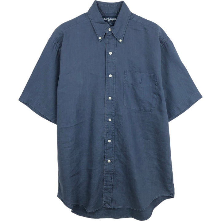 Ralph Lauren BLAKE Short-Sleeve Linen Button-Down Shirt, Men's Size S (approx.) linen navy blue type Vintage Second Hand